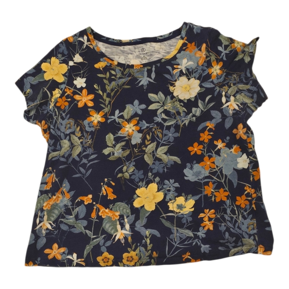 Lands' End Navy Short Sleeve Tee with Yellow & Orange Floral Accents